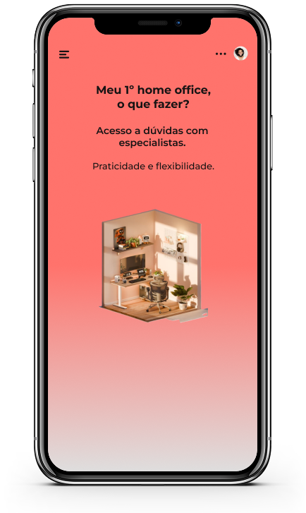 Tela inicial do app Deski com dúvidas de home office